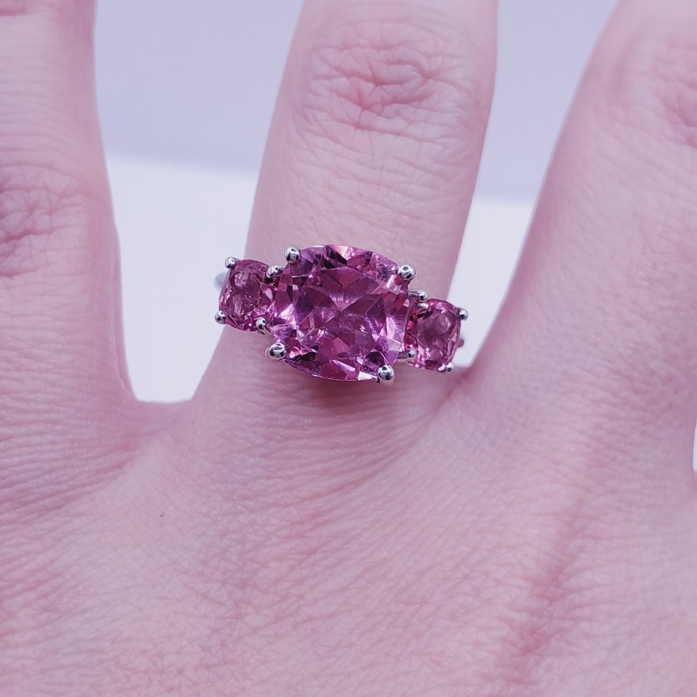 Pink Quartz Ring Cushion Cut Ring 925 Sterling Silver Ring - Picture 7 of 8